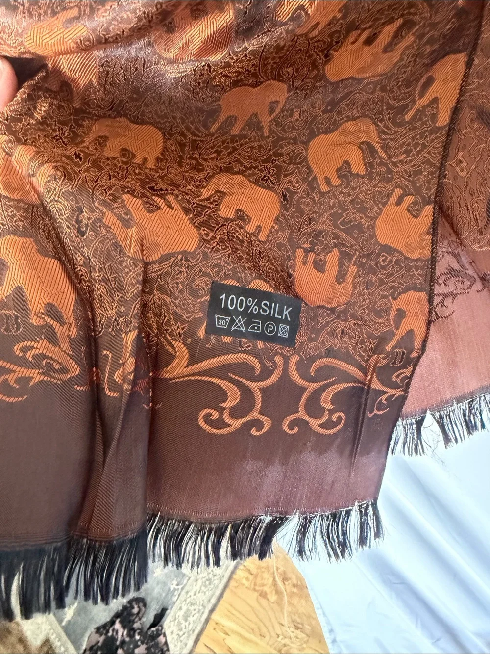 Silk Burnt Orange Elephant Jacquard Scarf